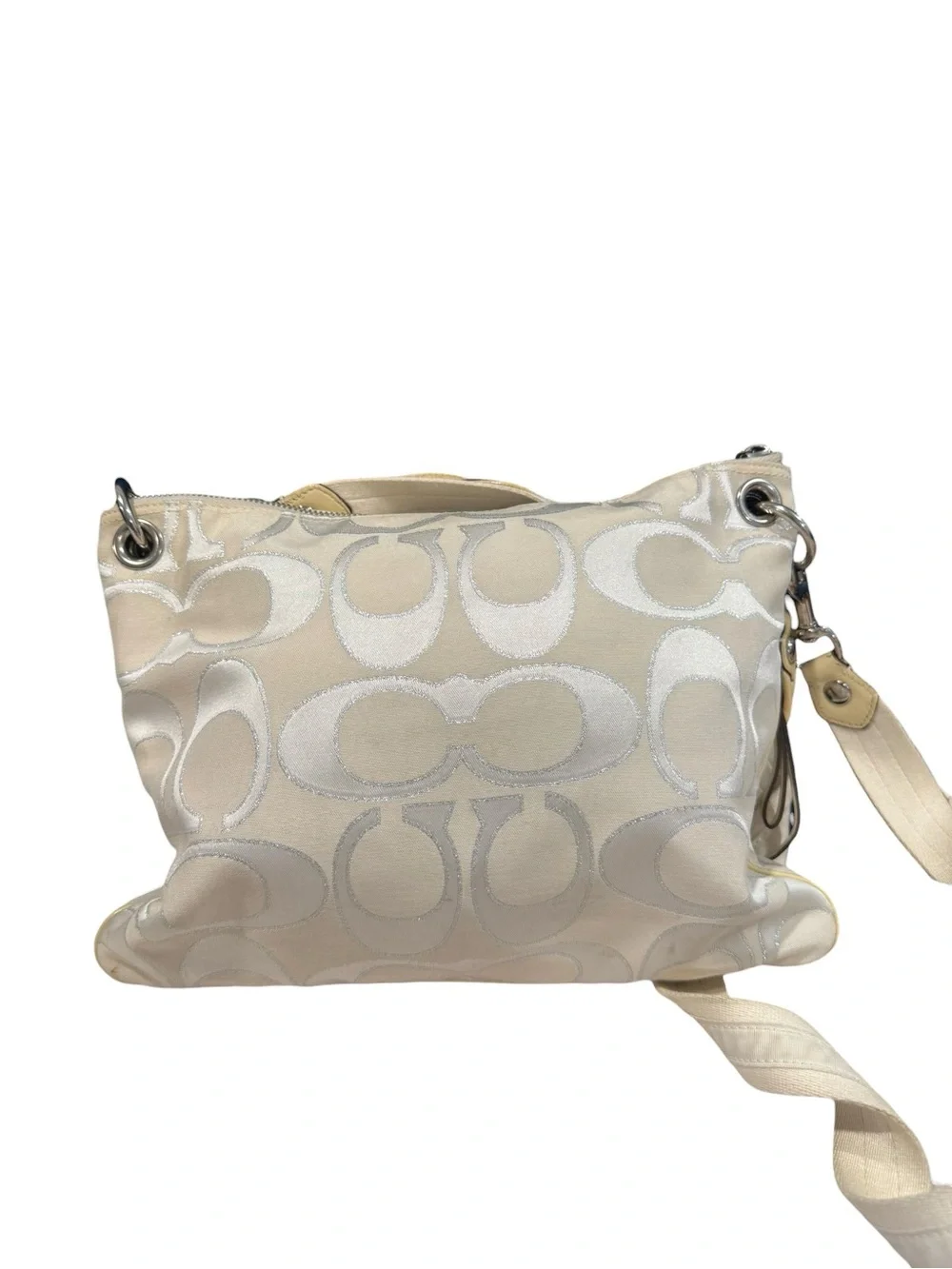 Y2K Coach Poppy Cream and Silver Signature Canvas Crossbody Shoulder Bag